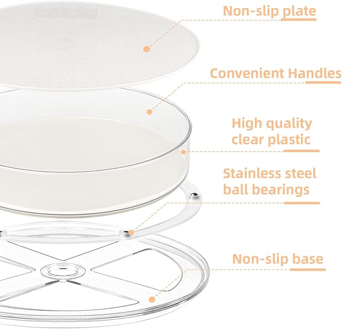 2 Pack Lazy Susan Organizer for Cabinet:Lazy Susan Turntable (8 Inch) with Non-Slip Mat and Handles,Turntable Rack for Kitchen,Pantry,Refrigerator,Bathroom and Vanity Countertop