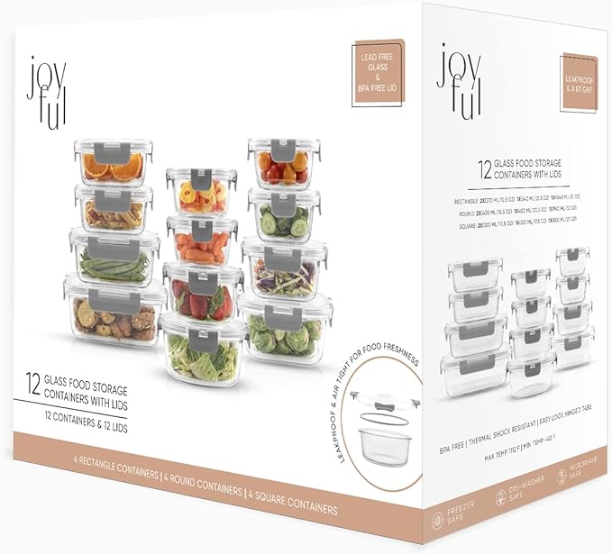 JoyJolt JoyFul 24pc Borosilicate Glass Storage Containers with Lids. 12 Airtight, Freezer Safe Food Storage Containers, Pantry Kitchen Storage Containers, Glass Meal Prep Container for Lunch