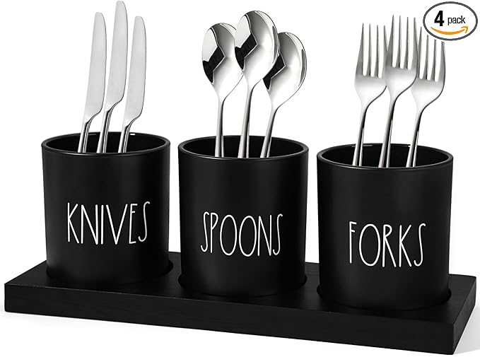 Silverware Caddy, 4 Pieces Kitchen Utensil Holder for Countertop, Black Utensil Holder for Party, Silverware Holder for Party with Wood Tray, Farmhouse Cutlery Holder Storage Organizer