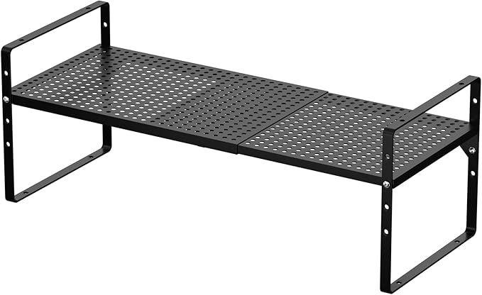 iPEGTOP 3 Pack Large Expandable Cabinet Storage Shelf, Heavy Duty Stackable Steel Metal Spice Rack Adjustable Height Home Office Pantry Garage Shelves for Counter Kitchen Organization, Black