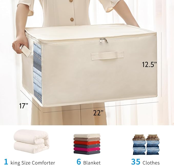 2 Pack Large Canvas Comforter Storage Bags Closet Organizer for Clothes Sweater Clothes Organizer with Dual Zipper Three Carrying Hand