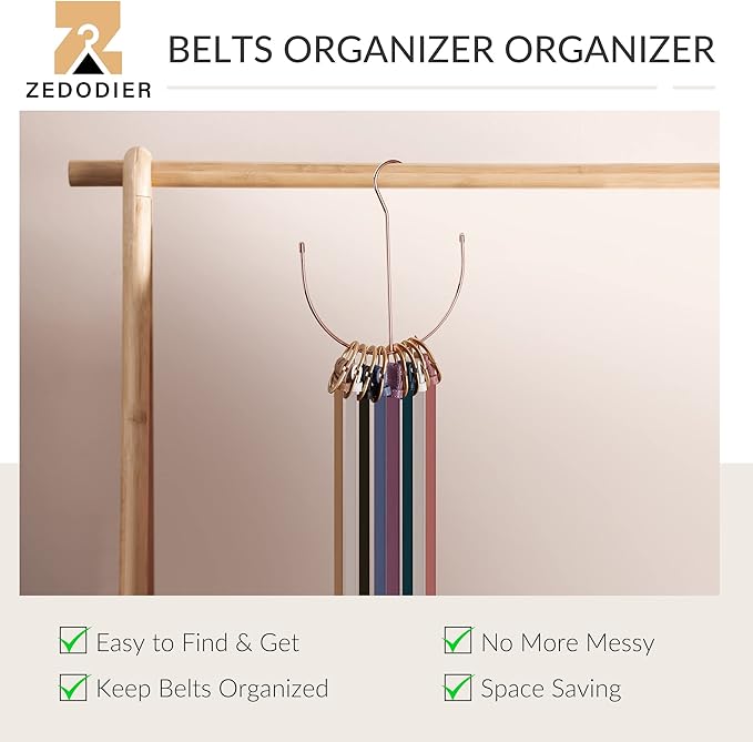 ZEDODIER Belt Hangers, Belt Rack Closet Accessories Organizers, Closet Organizer Hook Rack for Belt, Ties, Scarves, Camisoles, Hats, Bras, Shoes, Rose Gold