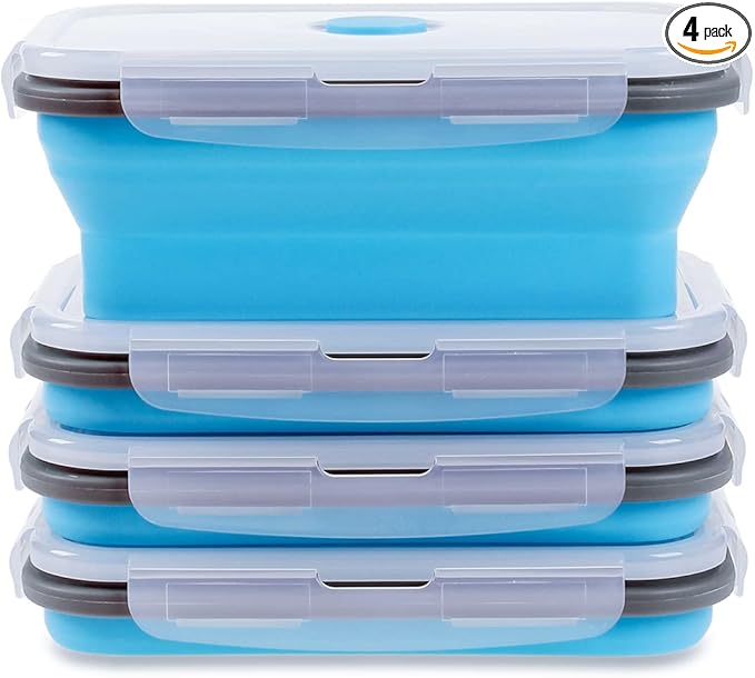 Collapsible Food Storage Containers with Airtight Lid & Vent Valve, 27 oz, Kitchen Stacking Silicone Collapsible Meal Prep Container Set for Leftover, Microwave Freezer Safe, Blue, Set of 4