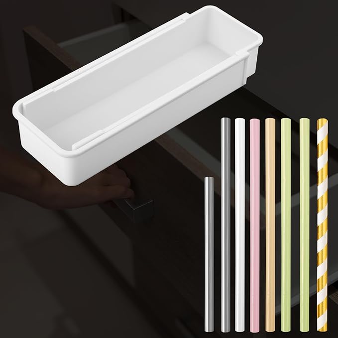 BOXOB Expandable Straw Organizer, Multi-Functional Plastic Straw Holder Long Straw Drawer Storage Reusable Straw Container for Cabinet Kitchen Home (White)