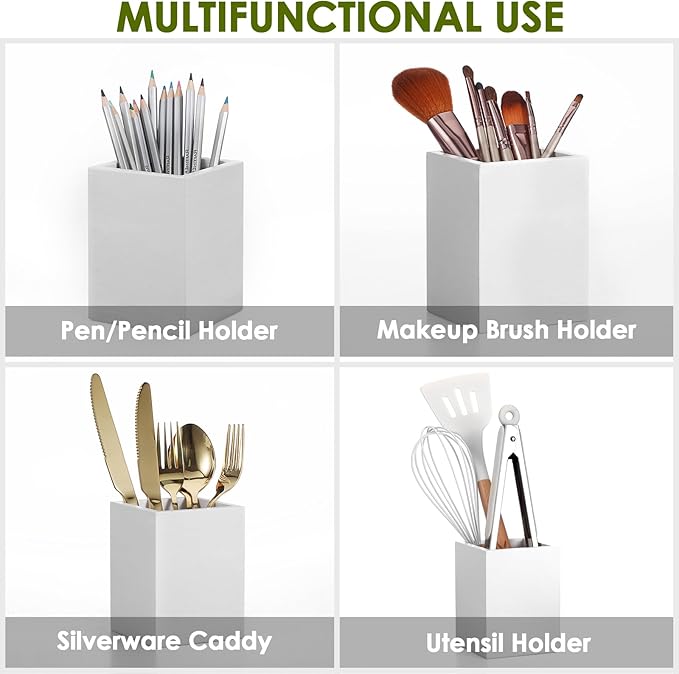 Wooden Utensil Caddy, Wood Silverware Holder with 3 Compartment, Farmhouse Kitchen Flatware Organizer with Metal Portable Handle, Utensil Cutlery Organizer for Forks Spoons Knives, White