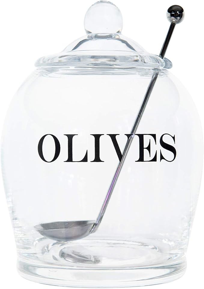 Creative Co-Op Clear Glass "OLIVE" Jar with Lid & Slotted Stainless Steel Spoon (Set of 3 Pieces including Lid)