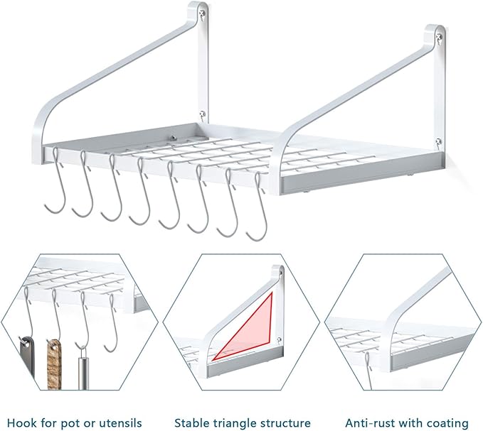 Love-KANKEI Pot Rack Wall Mounted Set of 2 Pan Pot Organizer Wall Shelves with 16 Hooks for Kitchen Cookware Utensils Organization White