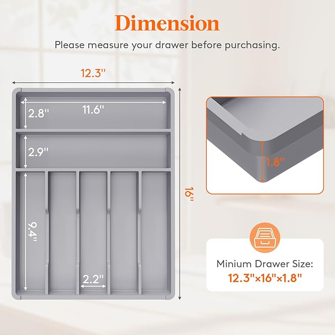 Lifewit Silverware Tray, Deep Wide Cutlery Drawer Organizer Storage for Kitchen, Plastic Flatware Utensil Holder Divider for Spoons Forks Knives Tableware, 7 Compartment, Gray