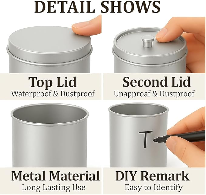 6 Pack Tea Tin Canister with Airtight Double Lids, 12 Fluid Oz Round Metal Canisters – Small Kitchen Storage Containers for Tea, Coffee, Candy, Sugar, Spices (Silver)