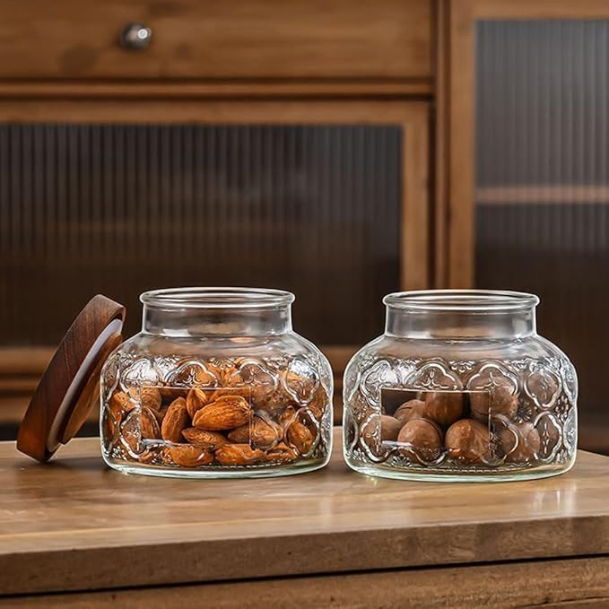 Vintage Glass Jar with Solid Wood Lid, 25.4 FL OZ Begonia Pattern Food Storage Jar, Home Kitchen Decorative Storage Cabinet, Oatmeal, Jam, Coffee, Candy, Cookie Jar, Pet Food Jar (Begonia Flower)