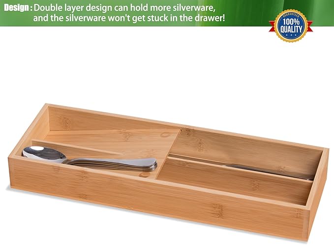Bamboo Silverware Drawer Organizer, Kitchen Small Silverware Organizer, Utensil Tray Holder, Cutlery Tray for Spoons, Forks, Knives, Suitable for a family of 2-4