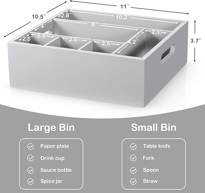 Gray Wood Utensil Holder for Party - Paper Plate Organizer for Countertop - Silverware Caddy with 6 Compartments for Plate Cup Fork Spoon - Cutlery Holder for Kitchen Camping Buffet