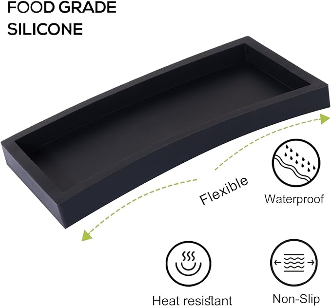 Small Silicone Bathroom Vanity Tray Rectangle Soap and Sponge Holder Kitchen Sink Organizer for Scrubber, Lotion Bottles, Perfume, Jewelry, Candle, Key Trinket Ring, Black
