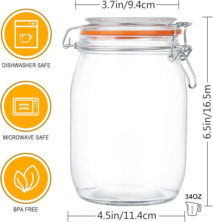 Encheng Glass Jars 32oz,Airtight Glass Food Storage Jar with Clamp Lid,1000ml Rounded Airtight Canister with Leak Proof Rubber Gasket,Clear Glass Kitchen Jars for Dry Food,Cereal,Beans,6 Pack