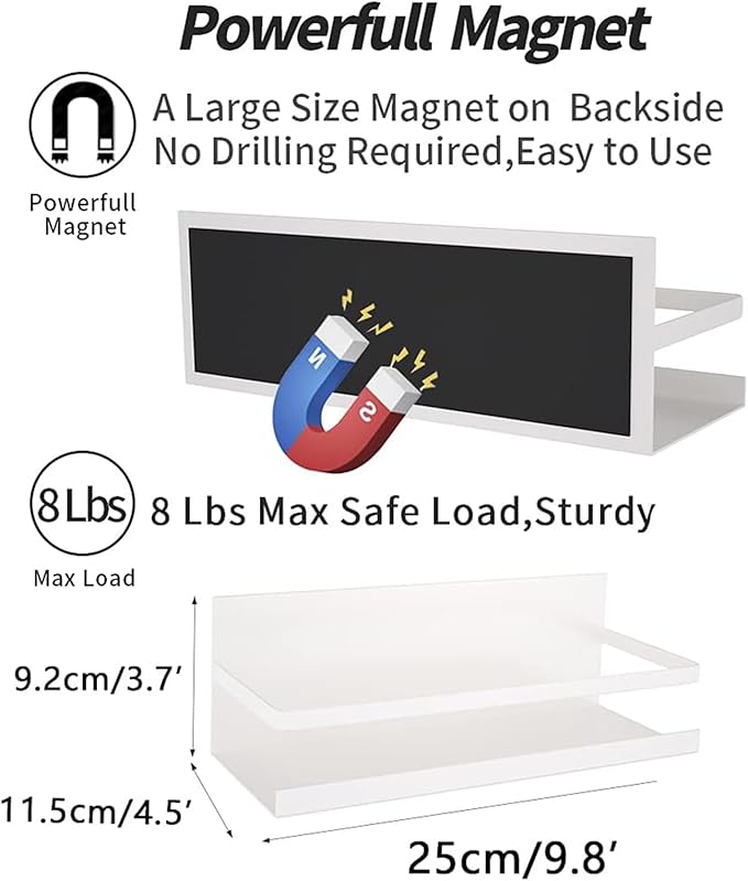 2 Pack Magnetic Spice Rack for Refrigerator,Heave Duty Magnetic Shelf for Kitchen,Magnet Book Shelf for Whiteboard,Space Container,Drill Free (White)