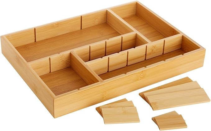 Juvale Bamboo Drawer Organizer Tray with 8 Adjustable Dividers for Kitchen Utensils, Cutlery (14 x 10 x 2 In)