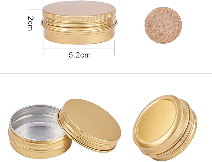 BENECREAT 30 Pack 1 OZ Round Tin Cans Screw Top Aluminum Cans with Lids for Lip Balm, Scrubs, Spices, Candies, Tea and Other Gift Giving (Gold)