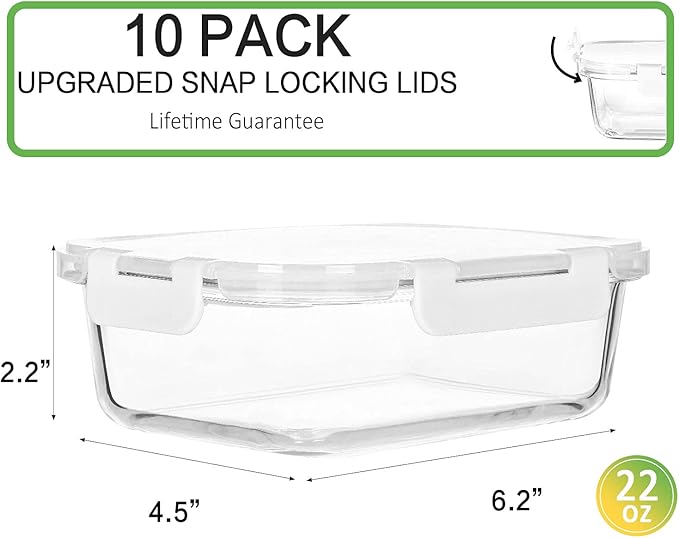 M MCIRCO [10-Pack,22 Oz Glass Meal Prep Containers,Glass Food Storage Containers with lids,Glass Lunch Containers,Microwave, Oven, Freezer and Dishwasher, White
