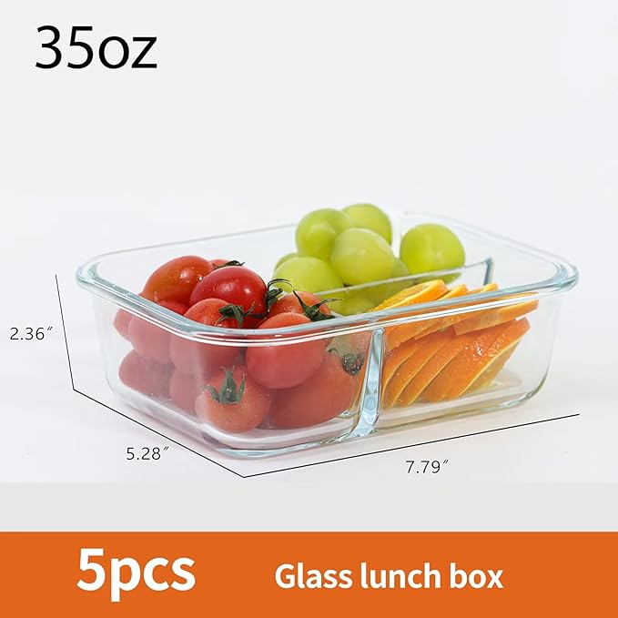 5 Pack 35 Oz Glass Storage Containers with Lids,Meal Prep Containers Reusable,3 Compartment Glass Meal Prep Containers, Food Storage and Portion Control - White