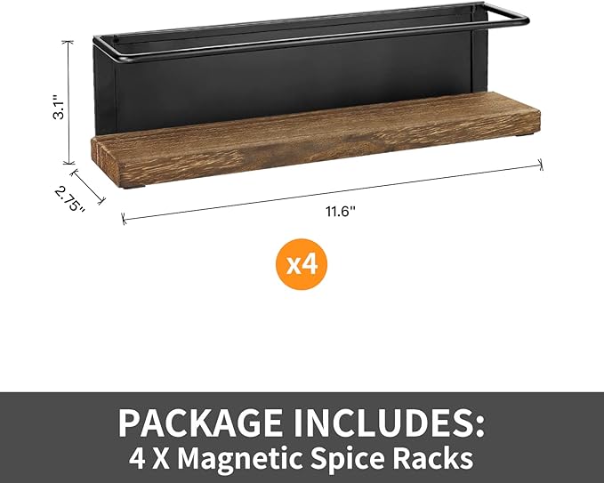 4 Pack Strong Magnetic Spice Rack Organizer for Refrigerator and Microwave Oven, Metal Fridge Shelf, Space Saver for Kitchen Organization and Storage, Black
