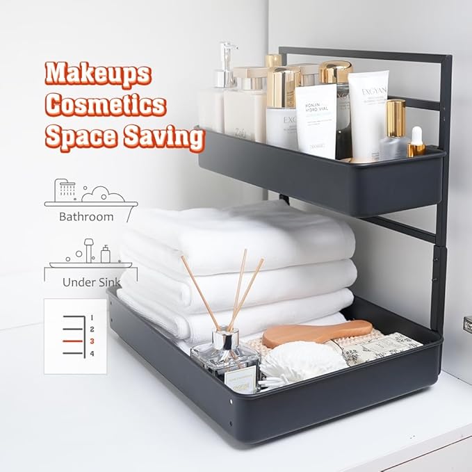 EVERIE Height Adjustable 2 Tier Metal Pull Out Slide Shelf Organizer for Under Sink Cabinets in Kitchen, Bathroom, with Snap-on Top Tray, 16" Deep (Black, 2 Sets)