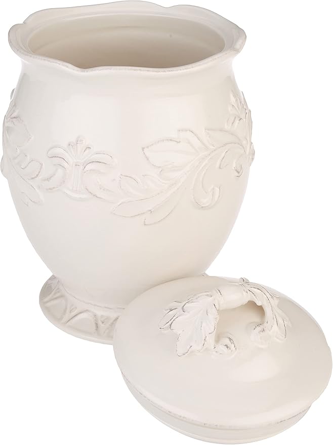 Firenze Ivory 3-Piece Ceramic Canister Set with Lids – Elegant Kitchen Storage Jars for Flour, Sugar, Coffee or Tea – Vintage White Countertop Décor for Farmhouse or French Country Homes