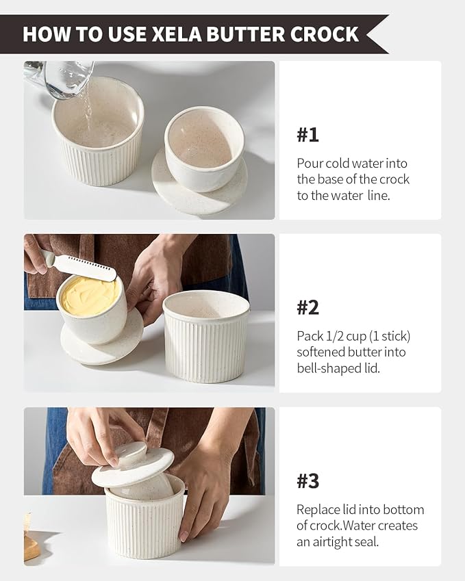 XELA Large Butter Crock with Lid for Countertop, The Original Reactive Glaze Butter Dish With Water Line, French Butter Dish for Spreadable Butter -Speckled White