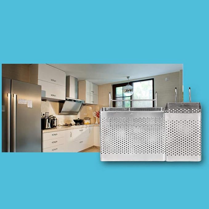 Kitchen Utensil Storage Holder, Stainless Steel Utensil Container Hanging Mesh Utensil Drying Rack Fork Chopsticks Storage Organizer Tableware Dinner Service Holder Cutlery Rack (Single Grid)