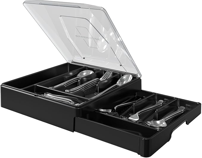Double Layer Silverware Tray with Lid, Utensil Holder for Countertop Flatware Organizer for Kitchen Drawers with 2 Tier Cutlery Tray and 9 Compartments Silverware Storage Bin (Black)