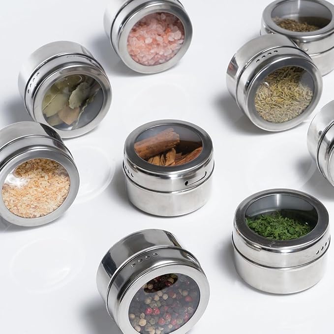 XZJMY Set of 4 Magnetic Spice Tins with Metal Wall-Plates,Stainless Steel Spice Container Storage Box with Transparent Lid for Storing Herbs, Spices and Other Seasonings