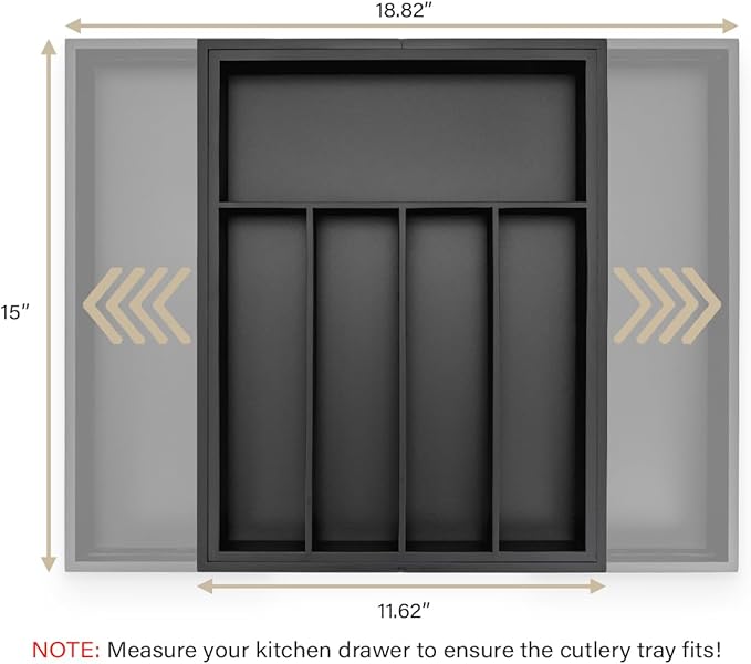 budu Silverware Drawer Organizer #15.0" Depth – Black - Utensil Holder, Kitchen Drawer Organizers for Flatware, Cutlery – Perfect Utensil Organizer for Silverware & Other Kitchen Organization Tools