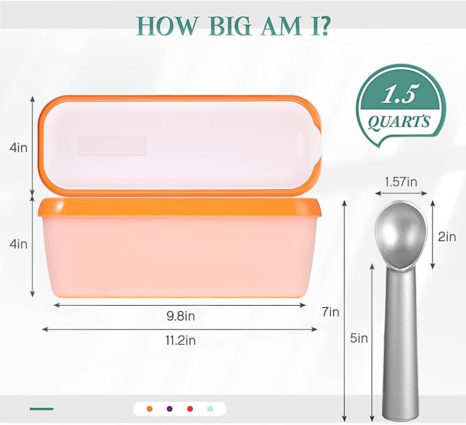 Nuenen 4 Pcs Reusable Ice Cream Containers with Lids and a Scoop 1.5 Quarts Plastic Rectangle Dessert Storage Tubs Homemade Ice Cream Storage Containers for Freezer Kitchen Refrigerator (Cute Colors)
