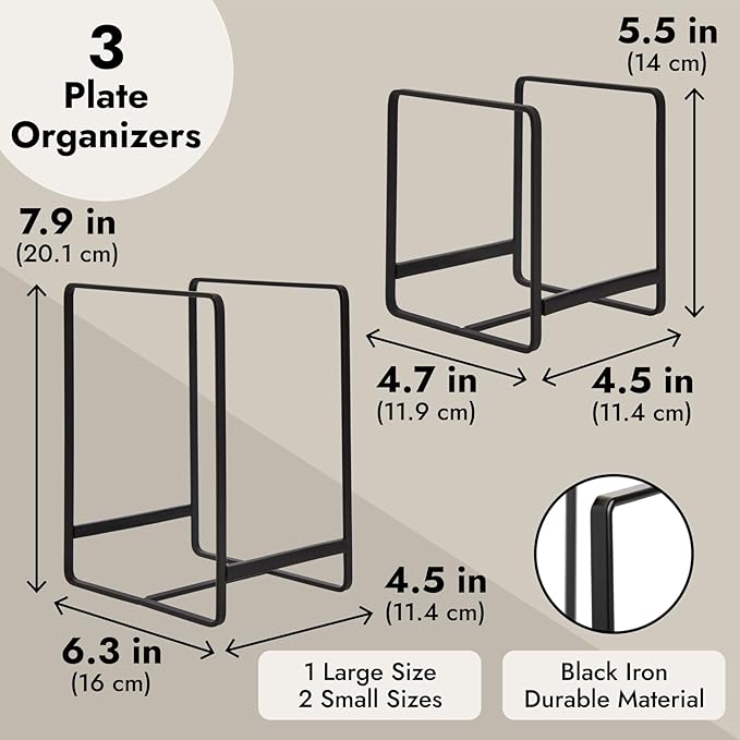 Juvale 3 Piece Plate Organizer for Kitchen Cabinet, Shelf, 2 Sizes for Pots, Pans, Cutting Boards (Black)