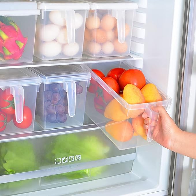 Sooyee Fridge Storage Containers Produce Saver, 4 Pack x 4L Stackable Refrigerator Organizer Keeper with Handle To Keep Fresh for Produce, Food,Fruits, Vegetables, Meat and Fish,Clear