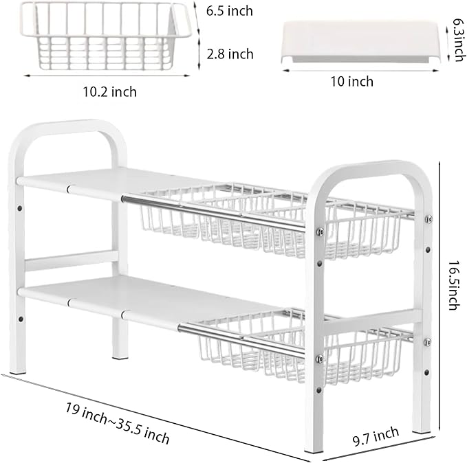 Under Sink Organizer,2 Tier Expandable Heavy Duty Metal Shelf,with 5 Removable Panels and 5 Storage Basket for Under Kitchen Bathroom Sink Organizers and Storage(White, Large)