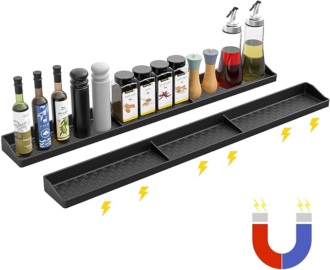 30 Inch Silicone Magnetic Stove Top Shelf with 6 Magnets, Stove Spice Rack Shelf Foldable Magnetic Spice Rack for Stove, Stove Shelf for Back of Stove, Stove Rack for Kitchen (black)