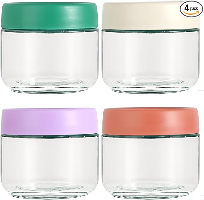 Hoa Kinh Glass Food Storage Jars with Lids, 10oz 4Pack Leak Proof Small Glass Jars for Overnight Oats, Cereal, Clear Empty Glass Jars with Lids for Kitchen(Red, Green, Purple and White)