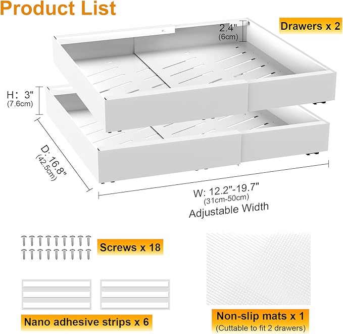2 Pack 16.8" Deep Pull Out Drawers for Cabinets, Expandable Slide Out Drawers for Kitchen Cabinets, Pull Out Cabinet Organizer Roll Out Shelves for Pantry(Width 12.2"-19.7", White)