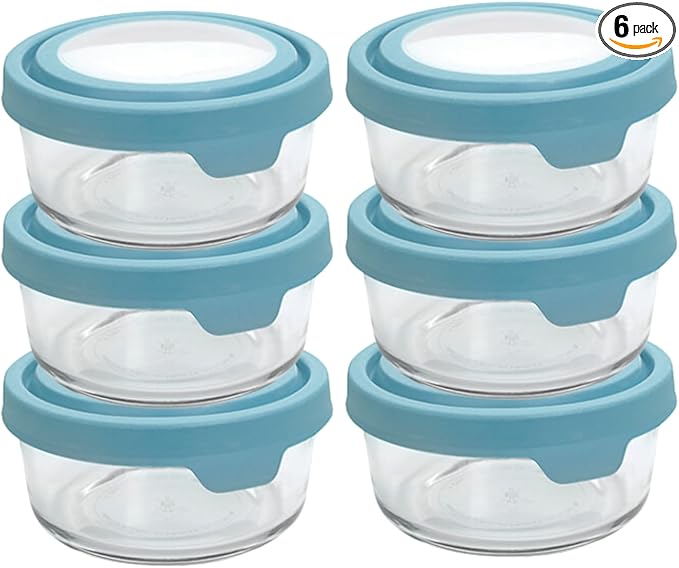 Anchor Hocking 2 Cup Glass Storage Containers with Lids, Set of 6 Glass Food Storage Containers with Mineral Blue TrueSeal Lids