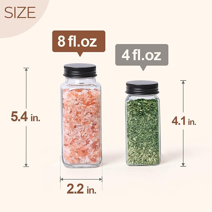 ComSaf Large Spice Jars, 6Pcs 8 oz glass spice bottle with lids, Empty Spice Containers and Square Spice Bottles, Trial Set & Supplement Set for Kitchen and Seasoning