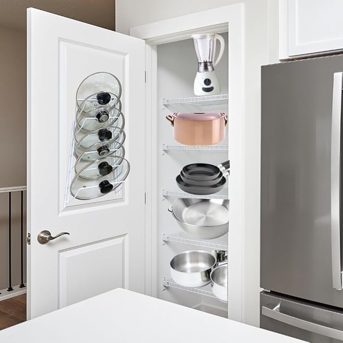Evelots 6 Pot Lid Organizer for Cabinet Door or Pantry Wall - Closet Door Pots and Pans Lids Holder - Glass or Metal Pan Covers Cabinet Organizer Kitchen Storage - White 6 Tier Lid Rack