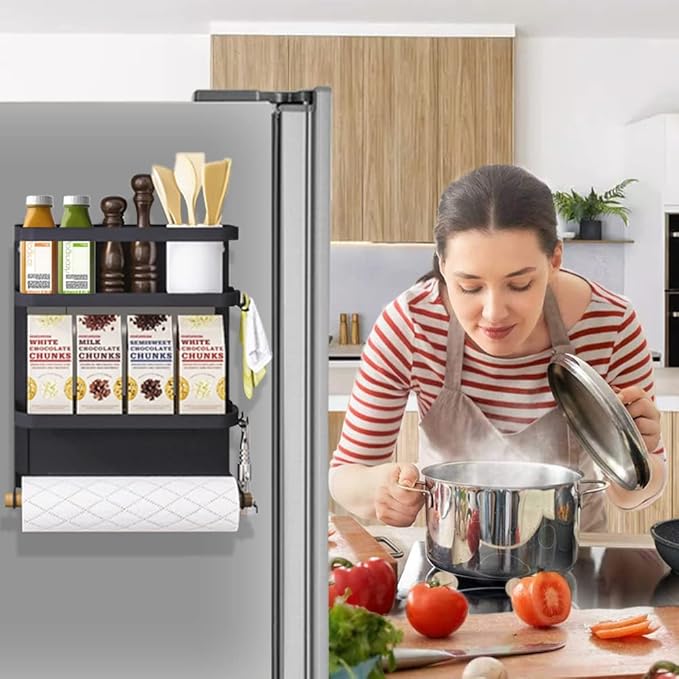 Magnetic Spice Rack for Refrigerator Magnetic Paper Towel Holder for Fridge Magnetic Shelf Magnetic Shelves Fridge Magnet Organizer Spice Rack Kitchen Organization Kitchen Storage Black
