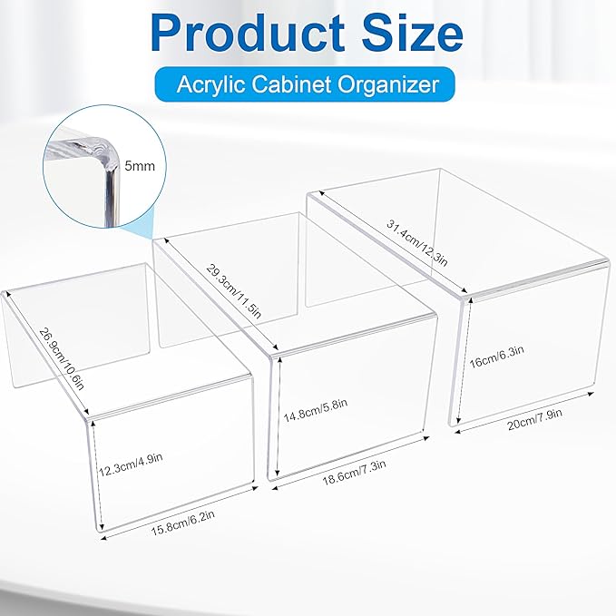Acrylic Cabinet Organizer Shelf, 3 Pack Spice Rack Pantry Countertop Desk Organizers Display Shelves for Kitchen, Display Pantry Spice Organization for Cabinet, Plate Organizer for Cabinet Space Save