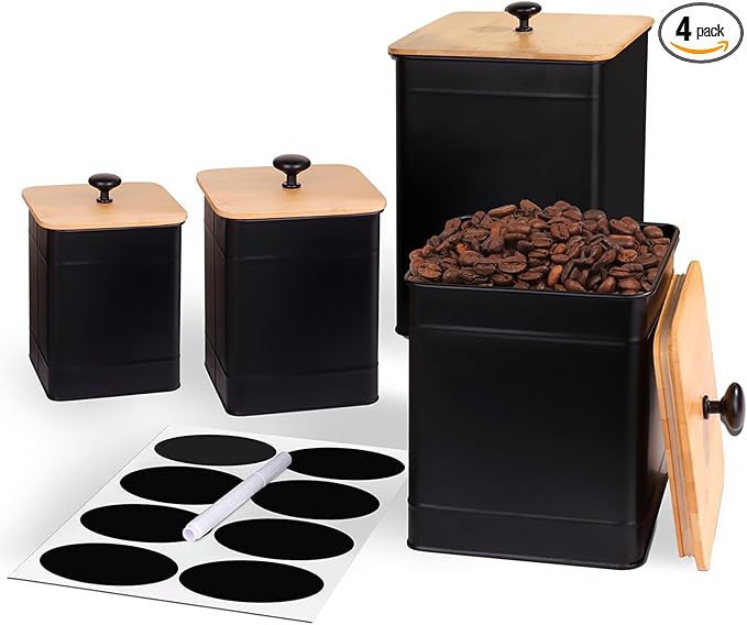 Black Canisters Sets for the Kitchen Counter,Flour Sugar Storage Containers,Metal Farmhouse Kitchen Canisters Set of 4,Coffee Tea Sugar Spice Flour Food Storage Container with Airtight Bamboo Lids