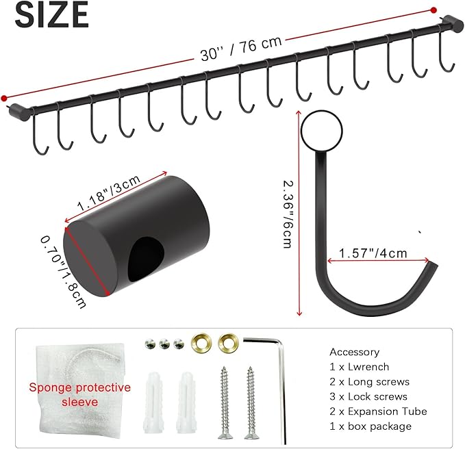 304 Stainless Steel Kitchen Utensil Hanger - 30 Inch Wall Mount with 15 Pcs Noiseless Sliding Hooks, Pots and Pans Hanging Rack, Organizer Storage for Spoon Peeler, Black