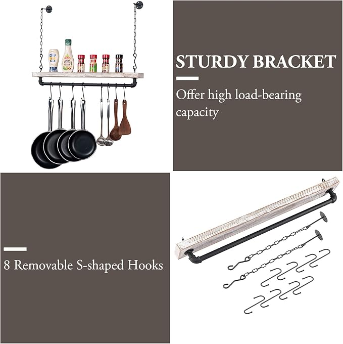 MyGift 30 Inch Ceiling or Wall Mounted Pot Rack with Shabby White Washed Solid Wood Shelf and Industrial Matte Black Metal Pipe, Hanging Cookware Utensils Organizer with 8 S-Hooks