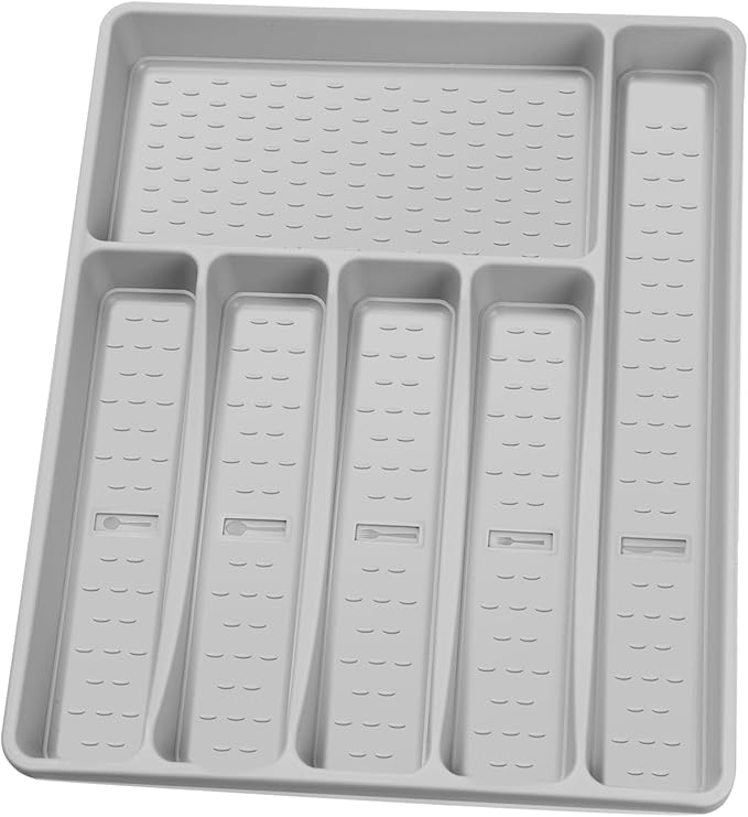 Silverware Organizer with Cutlery Icons,Silverware Tray for Kitchen Drawer,Plastic Flatware Tableware Cultery Drawer Organizer Utensil Organizer with Non-slip TPR Linings,6-Compartment,Grey