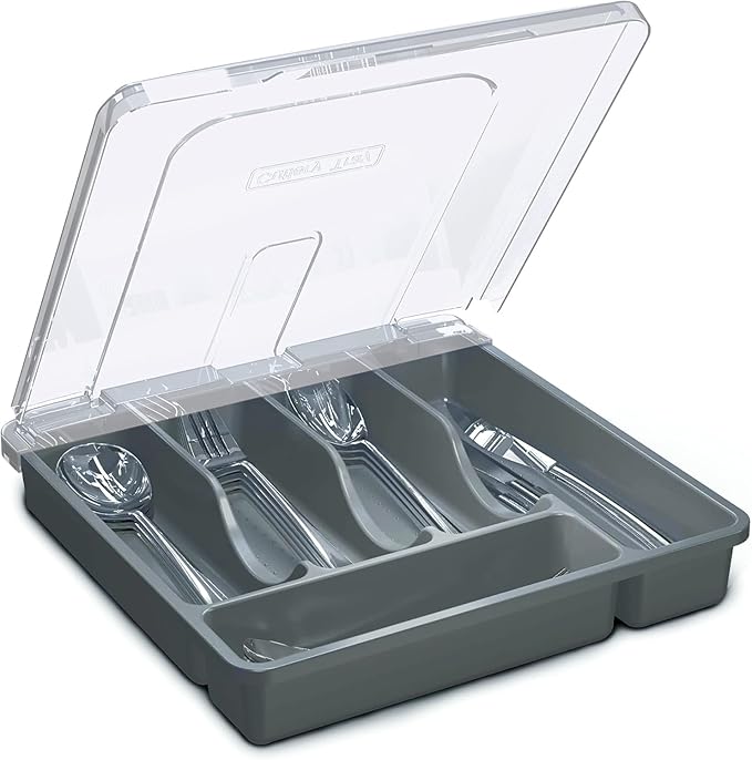 Utensil Holder for Countertop with Lid, Plastic Silverware Tray for Drawer (Gark Gray)