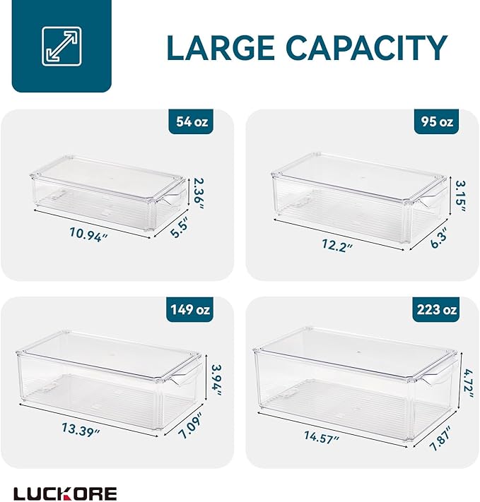 4 Piece Refrigerator Organizer Bins, Clear Fridge Organizers and Storage, Stackable with Lids, Food Storage Containers for Fruit, Vegetable, Drinks, Cereals