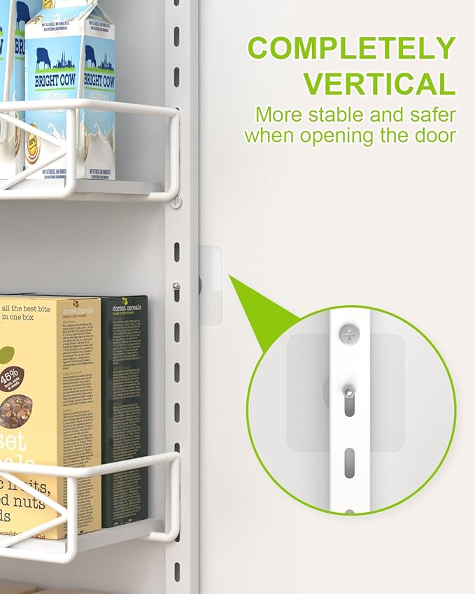 Over The Door Pantry Organizer, 8-Tier Wood & Metal Over The Door Organizer with Adjustable Basket, Hanging Spice Rack, Door Organization and Storage for Kitchen Pantry Door Cabinet, White